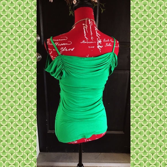 {VENUS} Green Draped Criss Cross Cold Shoulder Top - Picture 3 of 7